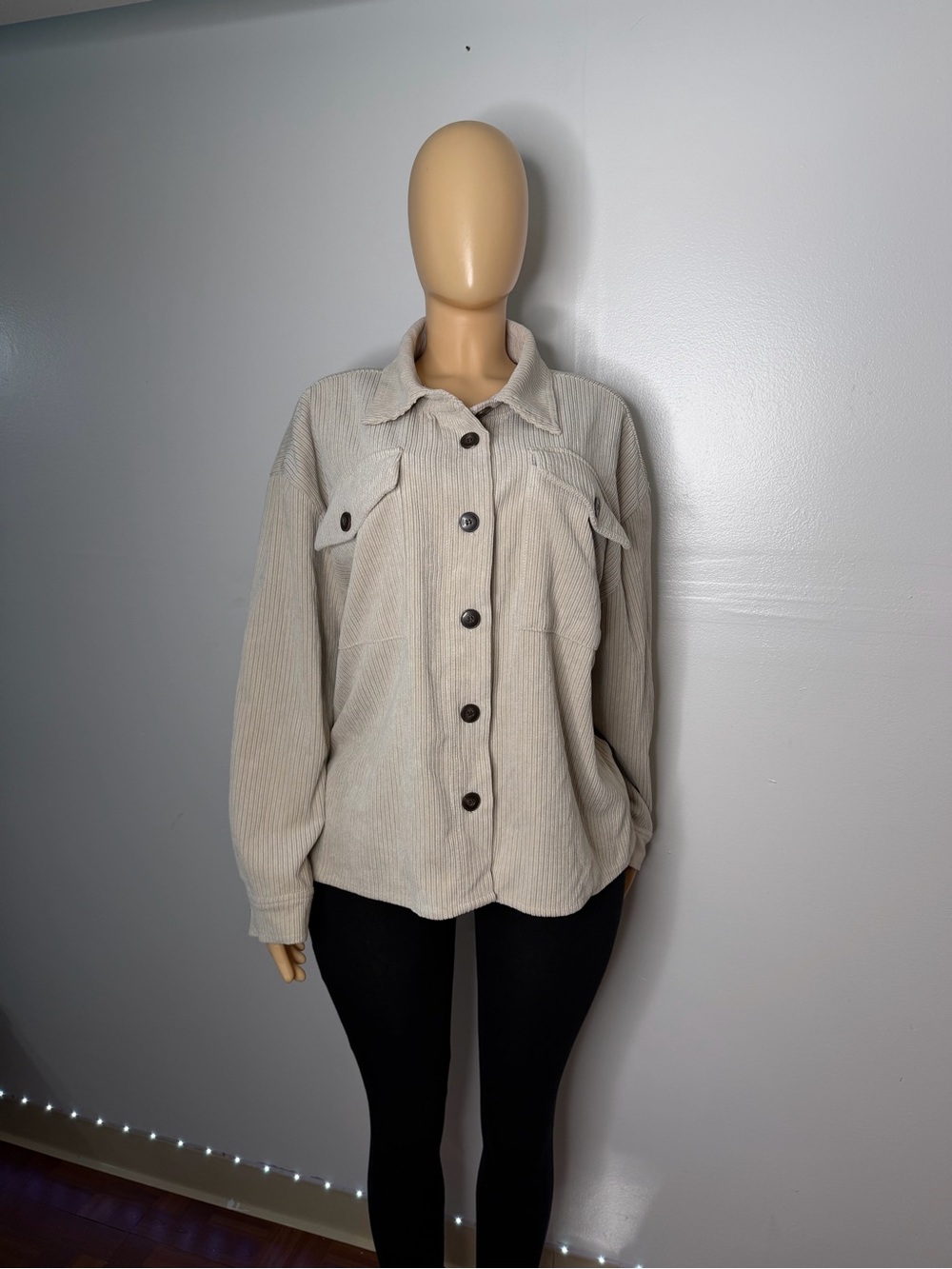 Button-Front Corduroy Shacket in Light Beige - Women